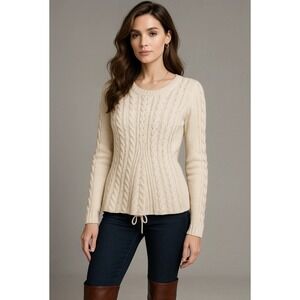 CAbi Sweater Women M Cream Lace Up  Fisherman Chunky Cable Knit Cozy 3157